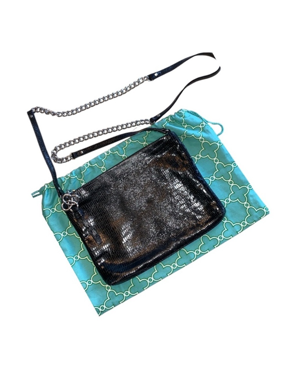 Stella & Dot black leather clutch, lizard print, top zip, slot pocket, dust bag.